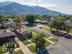 Aerial perspective of suburban area with mountains