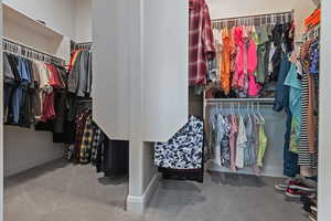 Spacious closet featuring light colored carpet