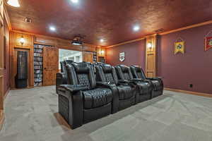 Cinema room with crown molding, light colored carpet, a textured ceiling, and recessed lighting