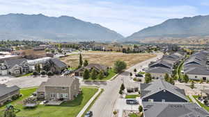 Aerial perspective of suburban area with mountains
