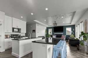 Kitchen featuring white cabinets, open floor plan, stainless steel appliances, a raised ceiling, and recessed lighting