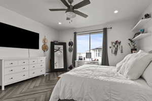 Bedroom with recessed lighting and ceiling fan