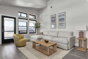 Living area featuring wood finished floors and high vaulted ceiling