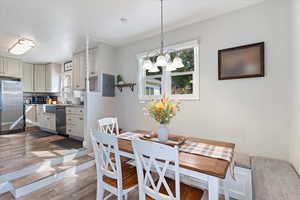 Dining area with wood finished floors, a chandelier, and electric panel