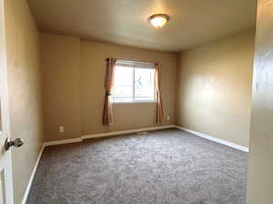 Carpeted spare room featuring a textured wall and a textured ceiling