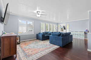Living area featuring ornamental molding, a textured ceiling, dark wood finished floors, and ceiling fan