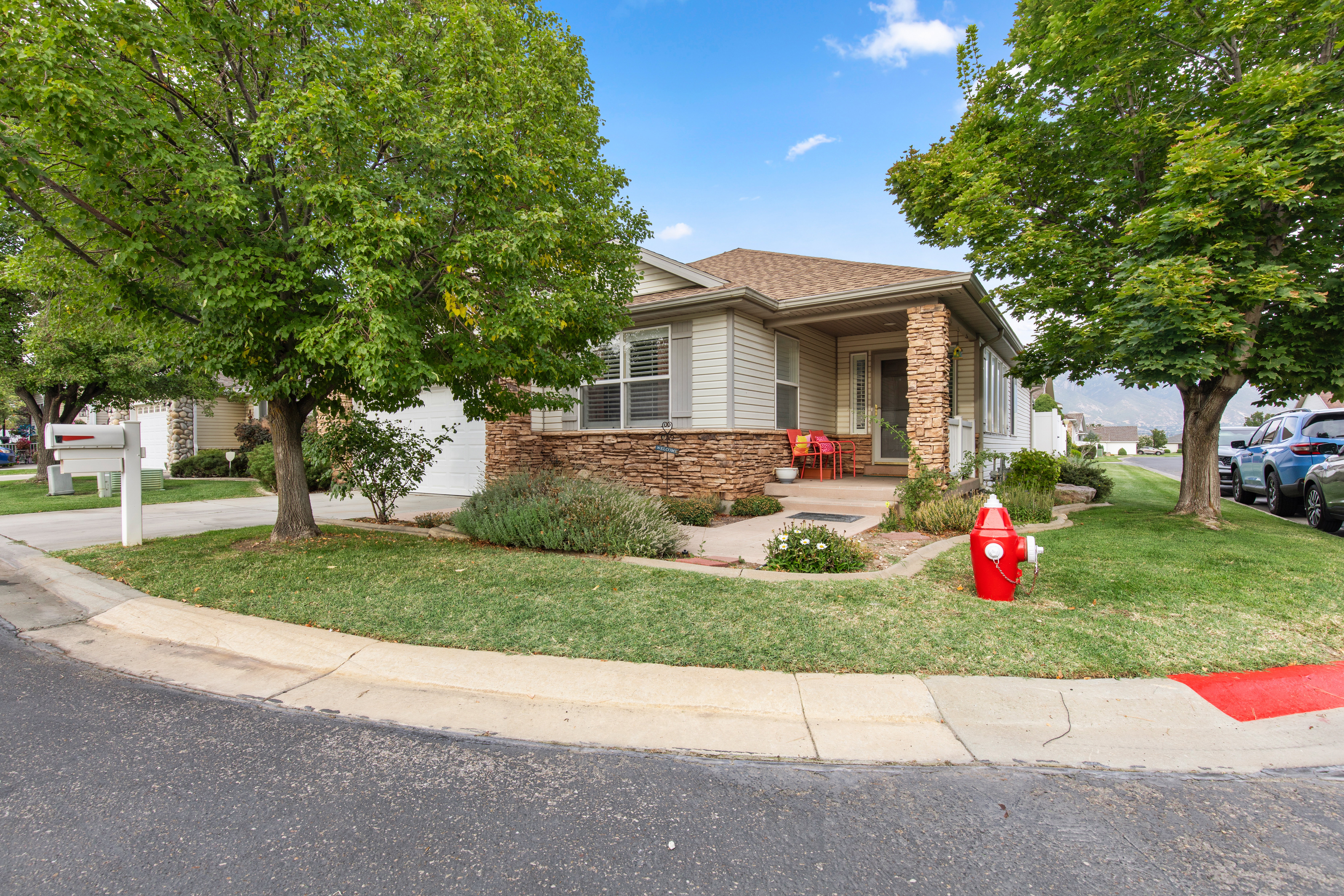 Obstructed view of property with stone siding, roof with shingles, concrete driveway, and a front yard