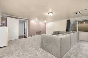 Living area with carpet floors, crown molding, and a textured ceiling