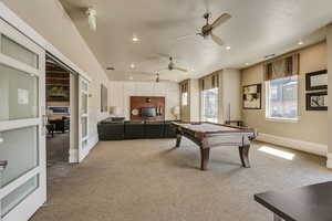Game room with carpet flooring, billiards