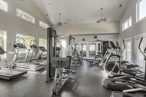 Exercise room with high vaulted ceiling and healthy amount of natural light