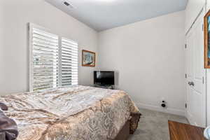 Bedroom with carpet flooring and a closet