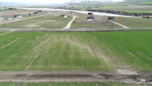 Aerial view of sparsely populated area with farmland