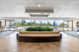 Community lobby featuring a textured ceiling