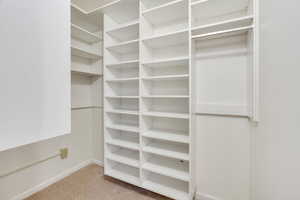 Spacious closet featuring light colored carpet