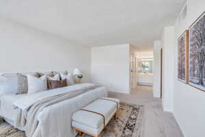 Carpeted bedroom with a textured ceiling and connected bathroom