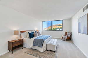 Bedroom with carpet, a textured ceiling, and a mountain view