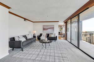 Carpeted living room with ornamental molding, a textured ceiling, a chandelier, and a wall of windows