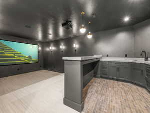 Cinema featuring a sink and light carpet