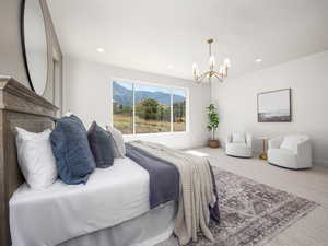Bedroom featuring a chandelier, recessed lighting, and a mountain view