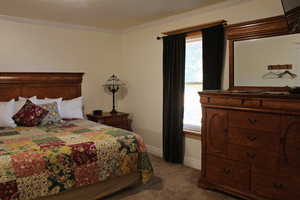 Bedroom featuring crown molding and dark colored carpet