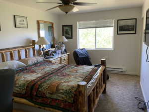 Bedroom with multiple windows, carpet, a ceiling fan, and baseboard heating
