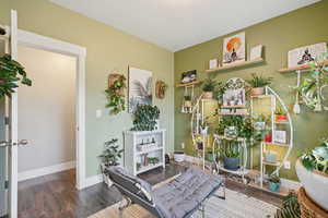 Sitting room featuring dark wood-style floors