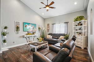 Living area with a ceiling fan, dark wood-type flooring, recessed lighting, and high vaulted ceiling