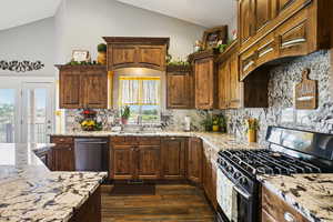 Kitchen with appliances with stainless steel finishes, light stone counters, tasteful backsplash, dark wood-style floors, and high vaulted ceiling