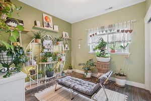 Sitting room featuring baseboards and dark wood-style floors