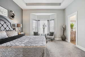 Bedroom featuring light carpet, a raised ceiling, and connected bathroom