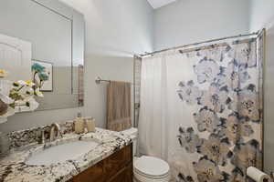 Full bathroom featuring vanity and a shower with curtain