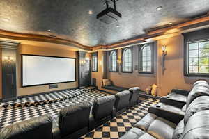 Cinema room featuring a tray ceiling, a textured ceiling, plenty of natural light, and recessed lighting