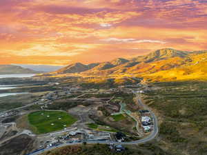 Aerial view at dusk of a water and mountain view