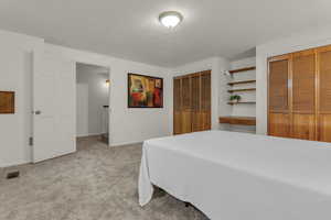Bedroom with multiple closets, light carpet, and a textured ceiling