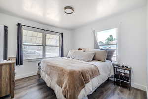 Bedroom featuring multiple windows and dark wood-style flooring
