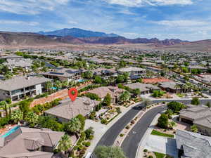 Aerial view of residential area with mountains
