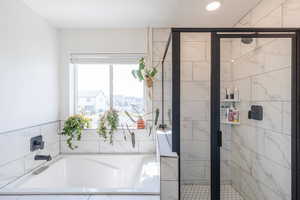 Full bathroom with a shower stall, a garden tub, and recessed lighting