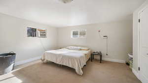 Bedroom with light carpet and baseboards
