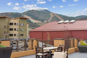 View of patio featuring a mountain view