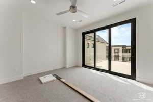 Unfurnished room with recessed lighting, carpet flooring, and a ceiling fan