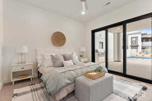 Carpeted bedroom with recessed lighting, a ceiling fan, and access to outside