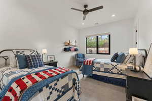 Bedroom featuring carpet floors, recessed lighting, and ceiling fan