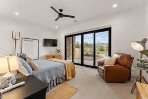Bedroom with light carpet, recessed lighting, access to outside, and ceiling fan