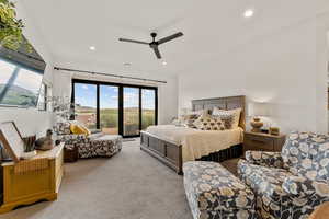 Carpeted bedroom with recessed lighting, access to outside, and ceiling fan