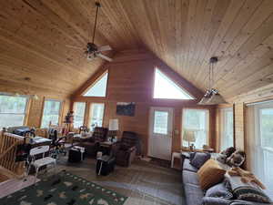 Living area featuring wooden walls, high vaulted ceiling, a ceiling fan, and wooden ceiling