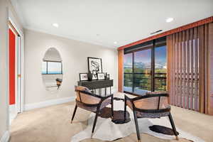 Sitting area in the Primary bedroom with a healthy amount of natural light, ornamental molding, light carpet, a mountain view, and recessed lighting
