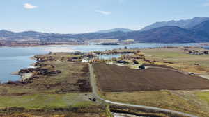 Aerial view of a water and mountain view