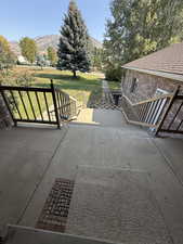 View of patio with a mountain view