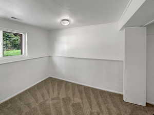 Spare room featuring carpet and a textured ceiling
