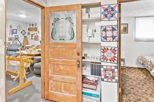 Entrance foyer featuring light colored carpet